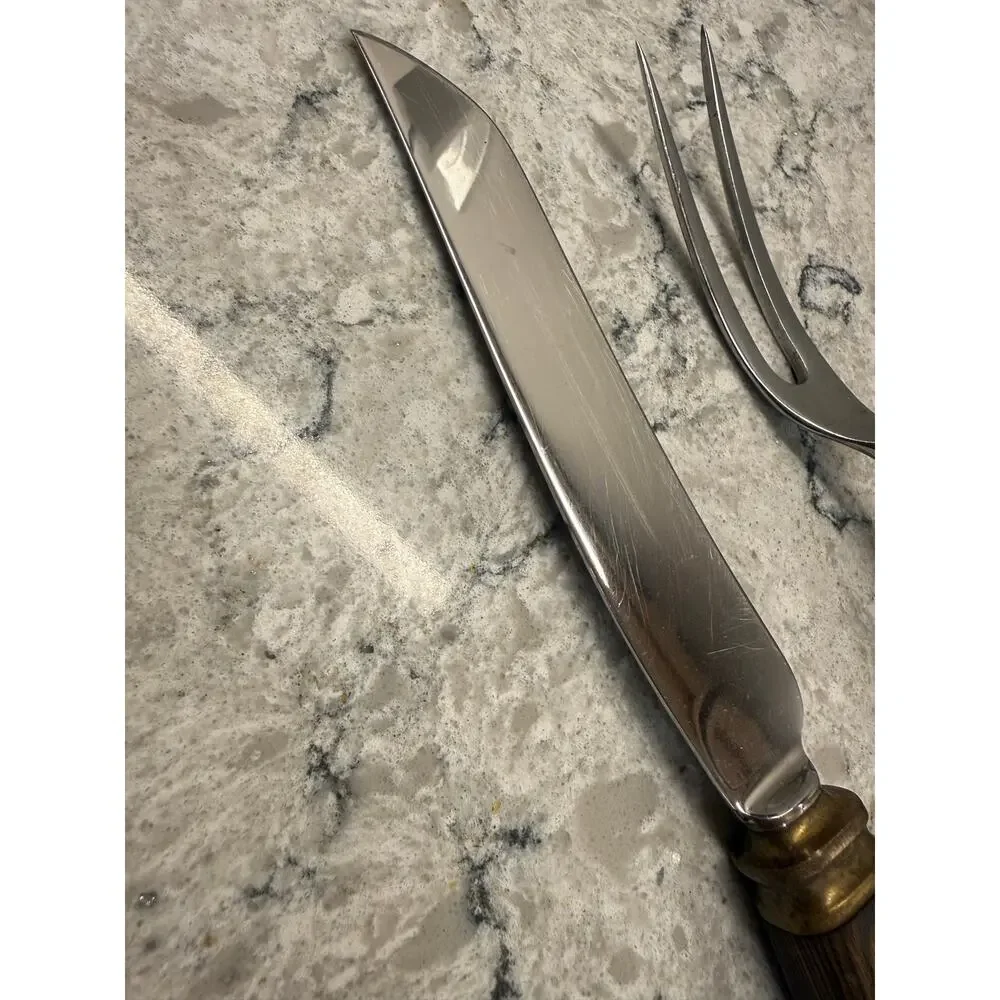 Vintage Carver Set Dark Wood Handles and Brass Bolster Initials 